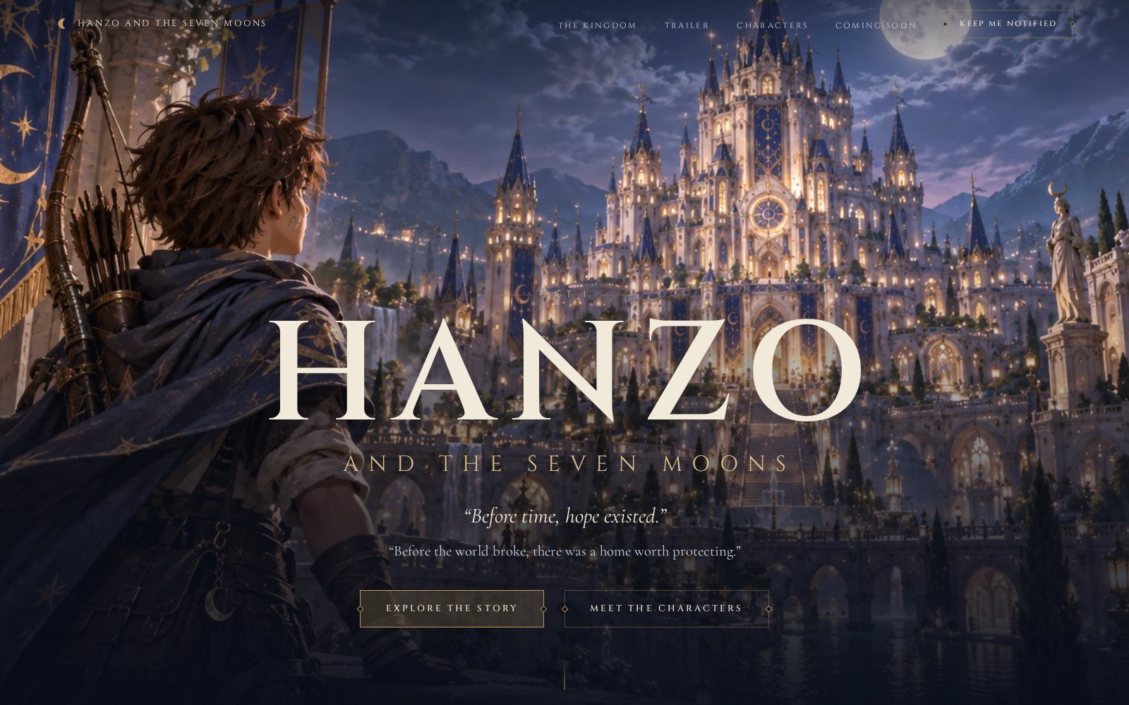 Hanzo and the Seven Moons cinematic book website with the Lunar Palace at night